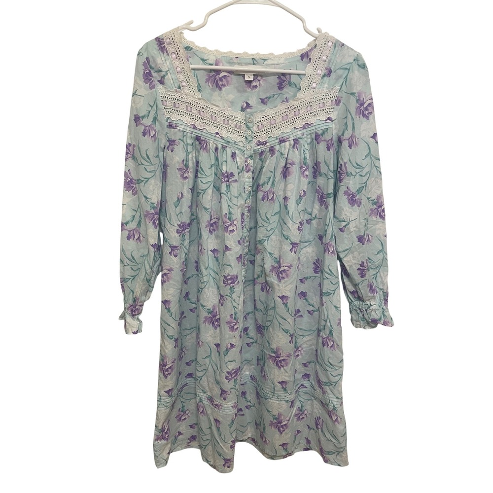 Eileen West Cotton Nightgown Blue Purple Floral Lace Trim Long Sleeve Small